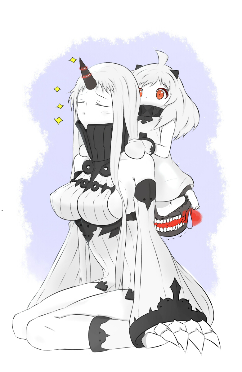 2girls, ahoge, barefoot, breasts, claws, closed_eyes, commentary_request, dress, highres, horn, horns, kantai_collection, large_breasts, long_hair, mittens, miyamoto, multiple_girls, northern_ocean_hime, pale_skin, red_eyes, seaport_hime, shinkaisei-kan, sleeveless, sleeveless_dress, sparkle, very_long_hair, white_dress, white_hair, white_skin