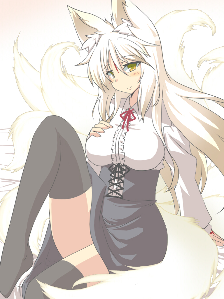 animal_ears, black_legwear, black_skirt, blonde_hair, blouse, blush, breasts, commentary_request