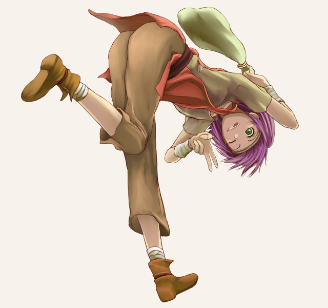 1girl, beige_background, dark_skin, green_eyes, nonji_(sayglo_halo), one_eye_closed, purple_hair, simple_background