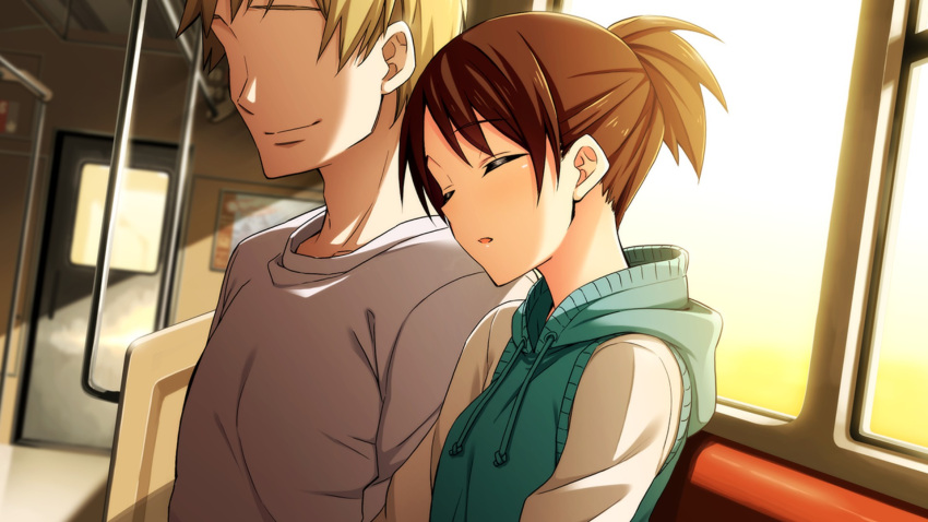 1boy, 1girl, blonde_hair, brown_hair, closed_eyes, game_cg, go!_go!_nippon!_2015, go!_go!_nippon!_~my_first_trip_to_japan~
