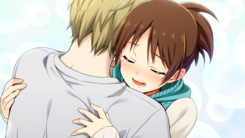 1boy, 1girl, arms_around_back, blonde_hair, blush, brown_hair, game_cg, go!_go!_nippon!_2015, go!_go!_nippon!_~my_first_trip_to_japan~, highres, hug, misaki_akira, official_art, open_mouth, ponytail, short_hair, tears