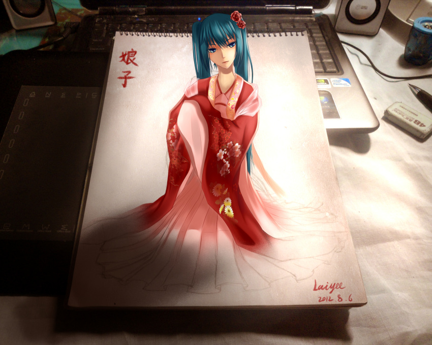 1girl, 2012, absurdres, aqua_eyes, aqua_hair, artist_name, bangs, computer