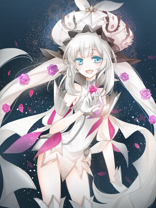1girl, :d, asturiki_jiwo, blue_eyes, fate/grand_order, fate_(series), flower, gloves
