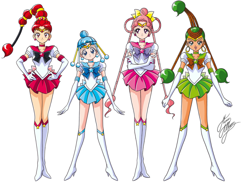 4girls, bishoujo_senshi_sailor_moon, black_bow, blue_bow, blue_eyes, blue_hair, blue_skirt, boots