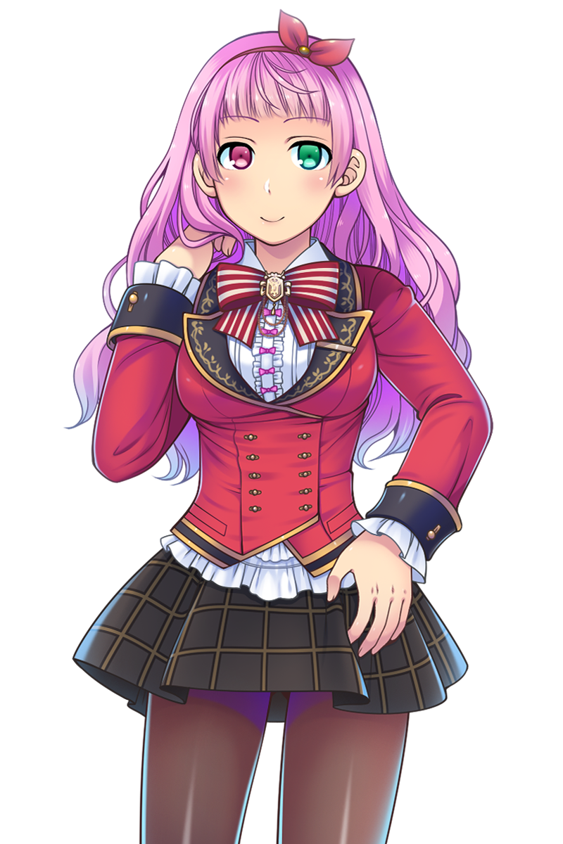 1girl, black_legwear, futase_hikaru, granado_espada, green_eyes, hair_tucking, hairband, heterochromia, highres, long_hair, looking_at_viewer, ludin, pantyhose, pink_eyes, pink_hair, school_uniform, simple_background, skirt, smile, solo, white_background