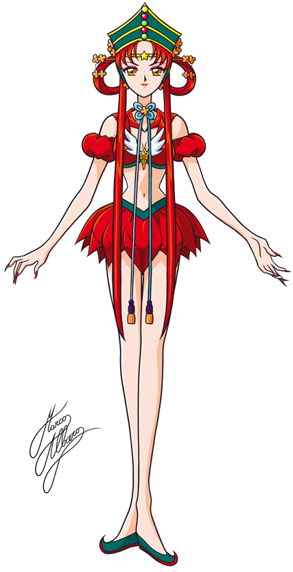 1girl, bishoujo_senshi_sailor_moon, blue_shoes, circlet, fingernails, full_body, hair_rings, hat, long_fingernails, long_hair, marco_albiero, nail_polish, orange_eyes, princess_kakyuu, red_nails, red_skirt, redhead, sailor_collar, sailor_kakyuu, shoes, signature, skirt, smile, solo, standing, twintails, white_background