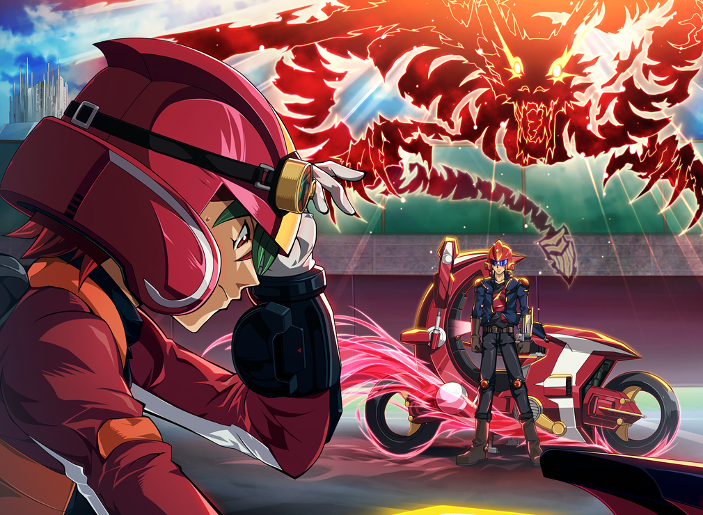 2boys, crimson_dragon, duel_monster, fudou_yuusei, gloves, goggles, green_hair, helmet, jacket, jumpsuit, lazward, male, male_focus, motor_vehicle, motorcycle, motorcycle_helmet, multiple_boys, red_eyes, redhead, sakaki_yuuya, vehicle, yuu-gi-ou, yuu-gi-ou_5d's, yuu-gi-ou_arc-v