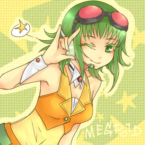 \m/, cuffs, goggles, green_eyes, green_hair, gumi, headphones, konekorei, lowres, midriff, nakajima_megumi, seikan_hikou, seiyuu_connection, seiyuu_joke, solo, star, vocaloid, wink, wrist_cuffs
