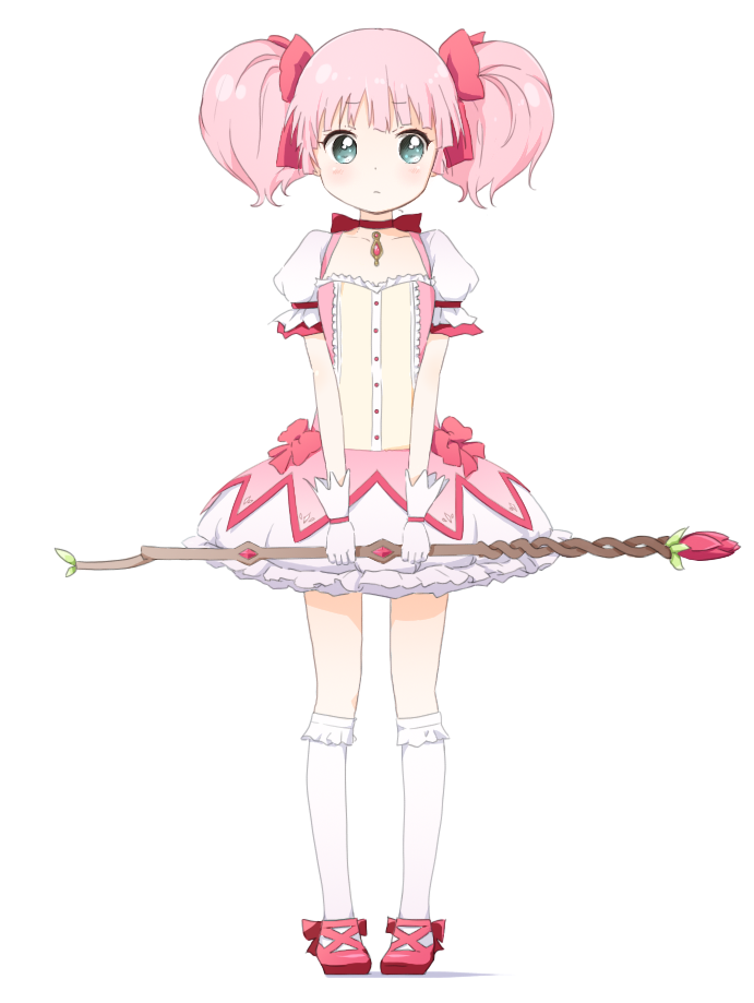 1girl, blue_eyes, cosplay, dress, kaname_madoka, kaname_madoka_(cosplay), kneehighs, mahou_shoujo_madoka_magica