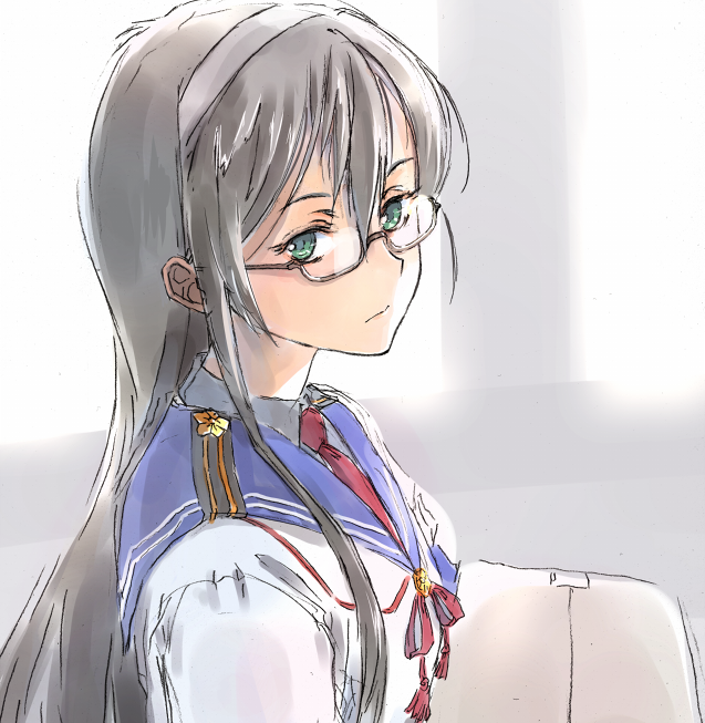 1girl, black_hair, glasses, green_eyes, hairband, kantai_collection, long_hair, ooyodo_(kantai_collection)