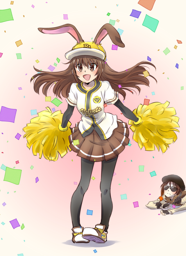 2girls, animal_ears, beret, blush, brown_eyes, brown_hair, cheerleader, coco_adel