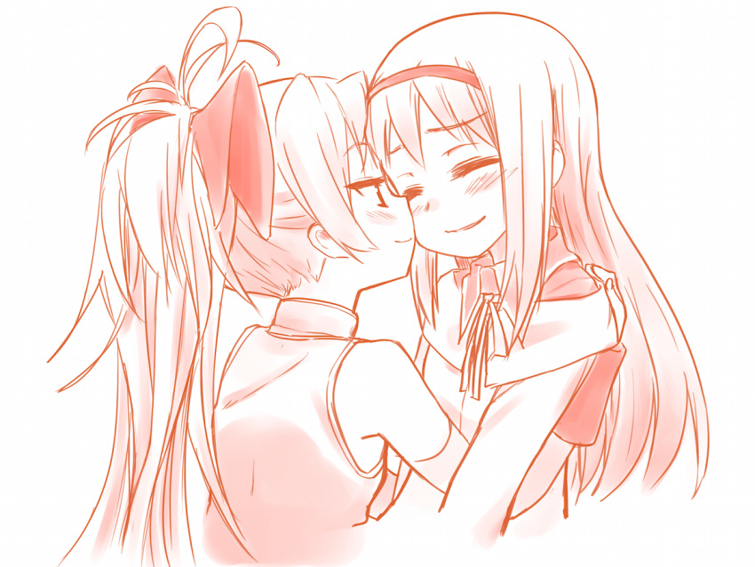 2girls, akemi_homura, blush, cheek_kiss, closed_eyes, hairband, hug, kiss, long_hair, magical_girl, mahou_shoujo_madoka_magica, monochrome, multiple_girls, ponytail, sakura_kyouko, sketch, smile, tagme, uasi, yuri