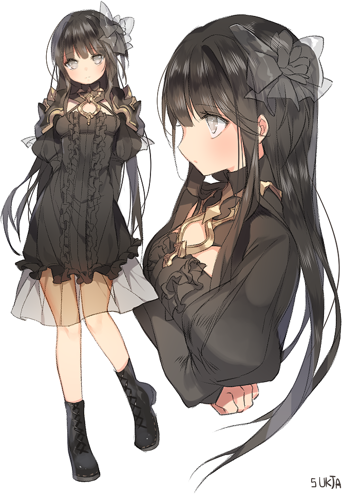 1girl, black_hair, boots, bow, character_sheet, dress, frilled_dress, frills, grey_eyes, hair_bow, long_hair, looking_afar, original, profile, see-through, sorolp, tagme, transparent_bow, upper_body
