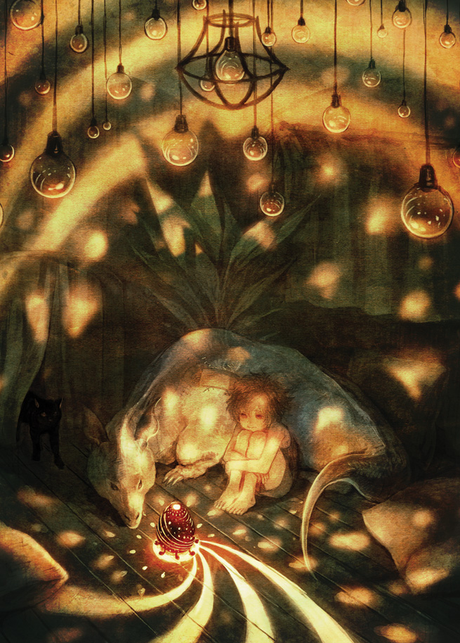animal, cat, child, dragon, fantasy, light, lightbulb, messy_hair