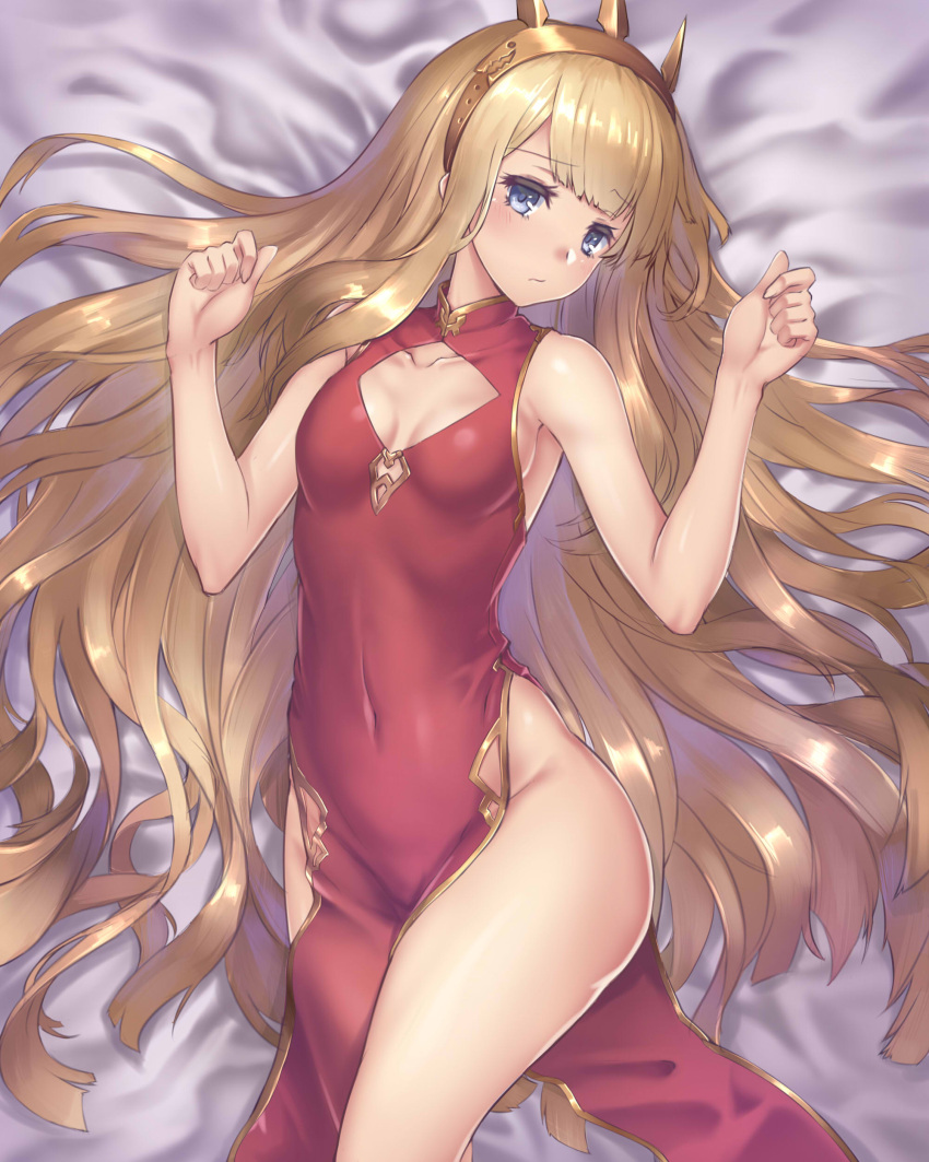 1girl, absurdres, armpits, bare_arms, bare_shoulders, blonde_hair, blush, breasts
