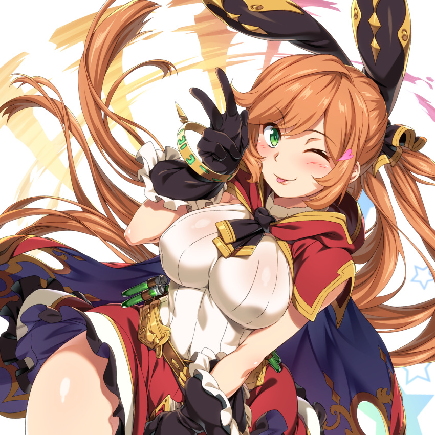 1girl, ;p, belt, black_gloves, bracelet, breasts, cape, clarisse_(granblue_fantasy)