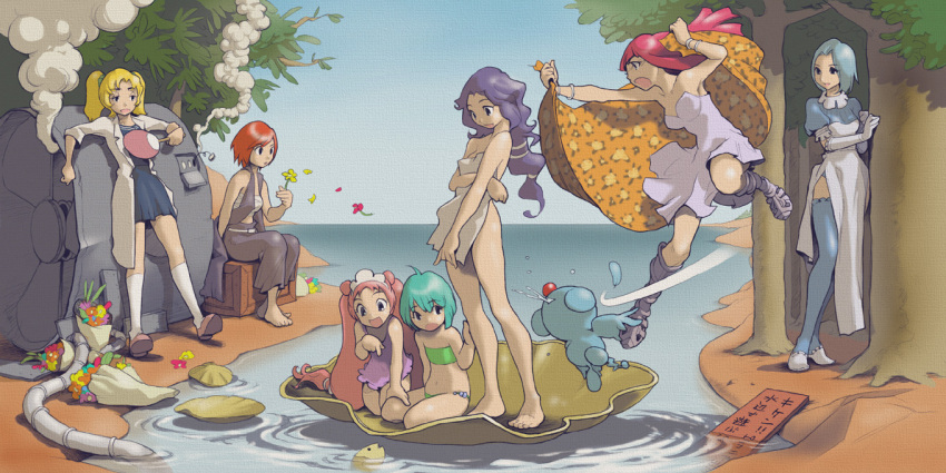 bad_id, barefoot, bikini, birth_of_venus, blonde_hair, blue_hair, covering, dress, fan, fine_art_parody, fish, flower, gloves, green_hair, hairband, kneehighs, legs, long_hair, nude, original, parody, pink_hair, ponytail, purple_hair, red_hair, redhead, risa_hibiki, sarashi, short_hair, side_slit, skirt, smoke, socks, swimsuit, thigh-highs, thighhighs, twintails, water, white_kneehighs, white_legwear