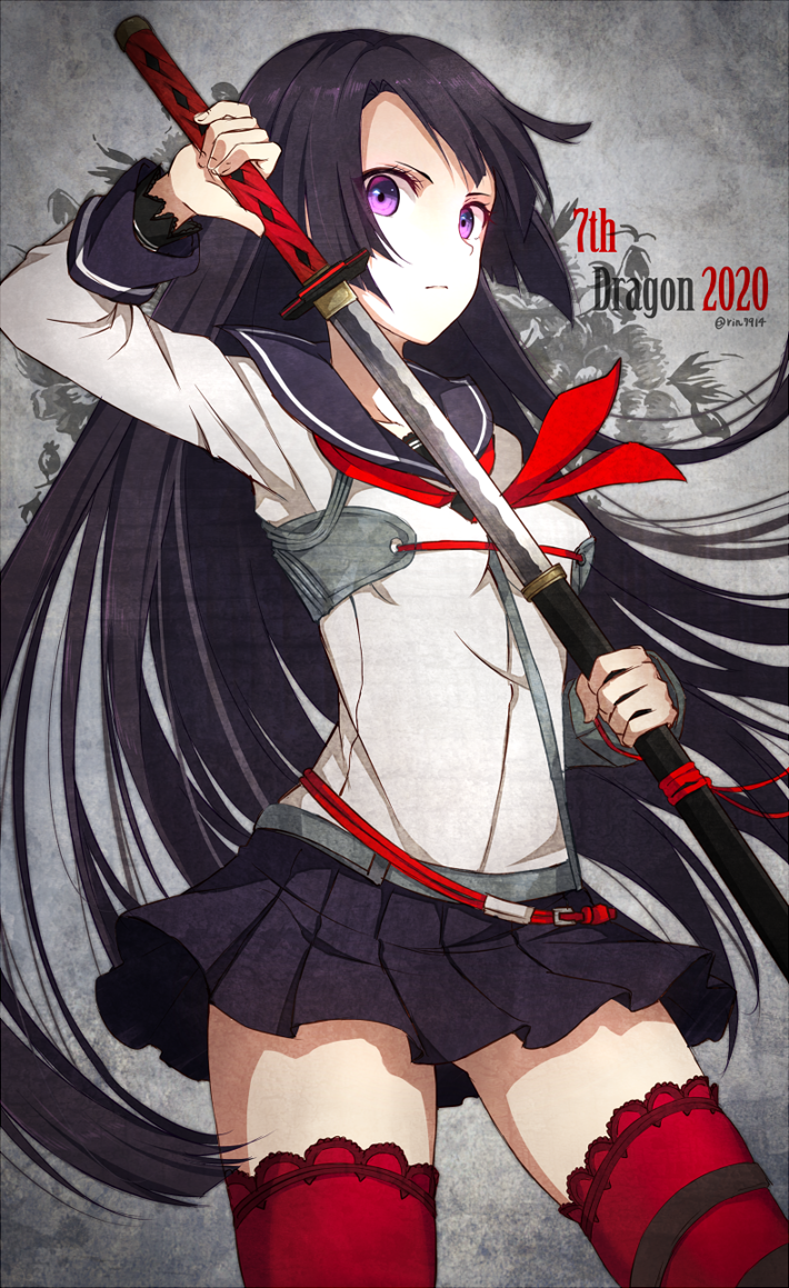 1girl, 7th_dragon_(series), 7th_dragon_2020, black_hair, katana, long_hair, long_sleeves, looking_at_viewer, neckerchief, nikkunemu, red_legwear, samurai_(7th_dragon_2020), school_uniform, serafuku, sheath, shirt, skirt, solo, sword, thigh-highs, unsheathing, very_long_hair, violet_eyes, weapon, zettai_ryouiki