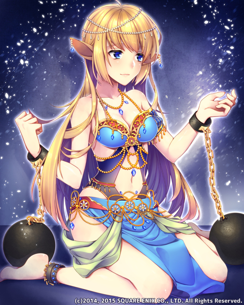 1girl, ankle_cuffs, bare_shoulders, barefoot, beads, blonde_hair, blue_eyes, breasts, chain, cleavage, collarbone, earrings, gem, highres, iron_ball, jewelry, lost_crusade, momore_(peaches), navel, navel_cutout, pointy_ears, sapphire_(stone), sitting, solo, square_enix, wariza