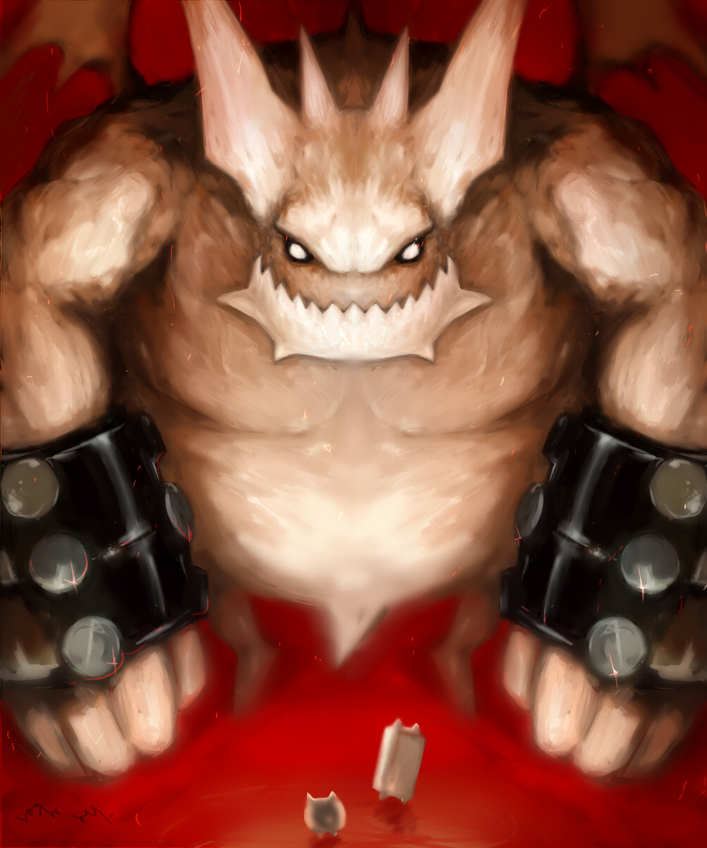 b_(pixiv), bat_wings, beast, cat_(battle_cats), demon, empty_eyes, fangs, giant, highres, horns, muscle, no_humans, nyanko_daisensou, size_difference, teacher_bun_bun, wall_cat, white_skin, wings, wristband