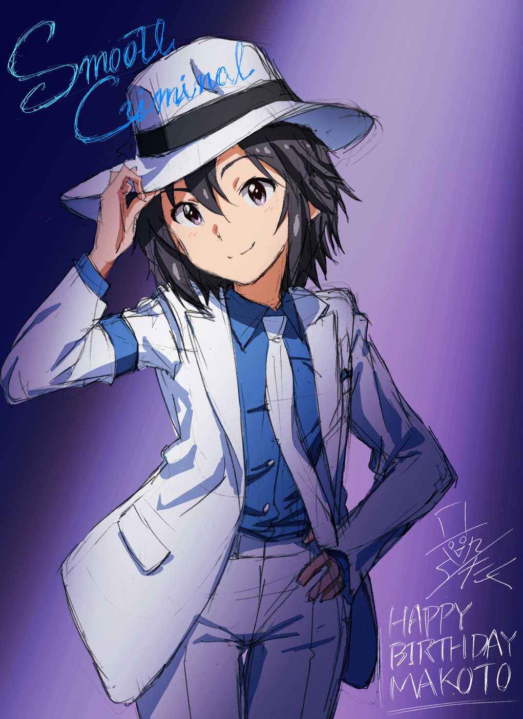 1girl, formal, highres, idolmaster, kikuchi_makoto, michael_jackson_(cosplay), signature, smile