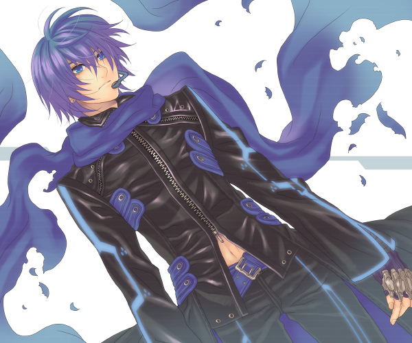 1boy, alternate_costume, belt, blue_eyes, blue_hair, fingerless_gloves, gloves, hatake_michi