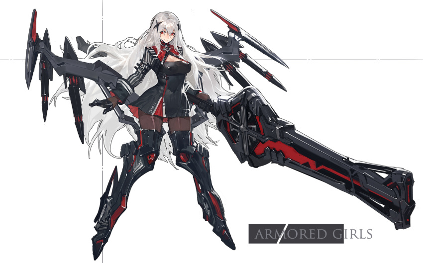 1girl, albino, armor, black_dress, black_gloves, black_legwear, boots, breasts
