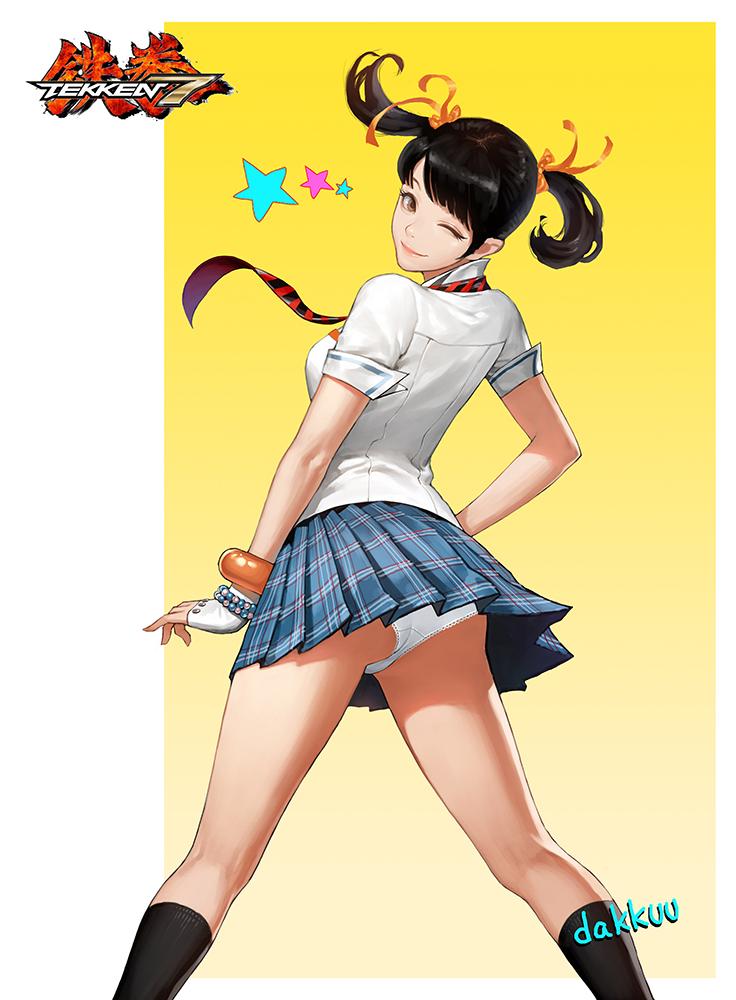 1girl, bangle, black_hair, black_legwear, bracelet, brown_eyes, closed_mouth, copyright_name