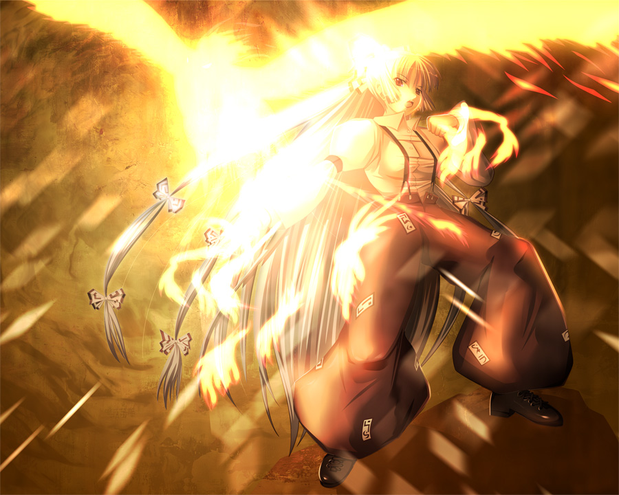 aojiru_(shiro_to_kuro_no_mukyou), aoziru, bird, bow, fire, fujiwara_no_mokou, hair_bow, long_hair