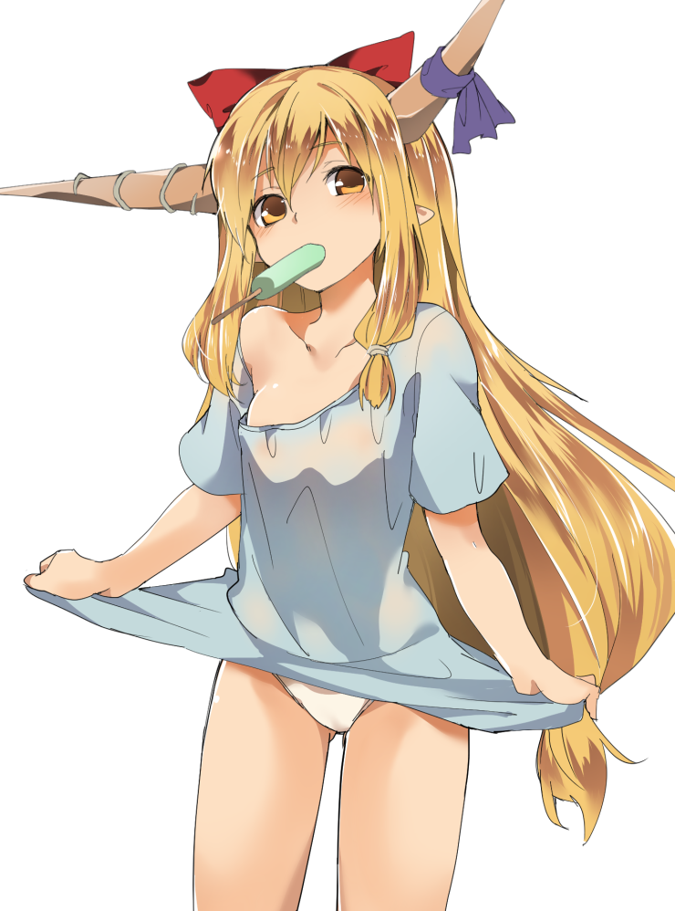 1girl, blush, dress, dress_lift, hair_ornament, hair_ribbon, hasebe_yuusaku, horn_ribbon