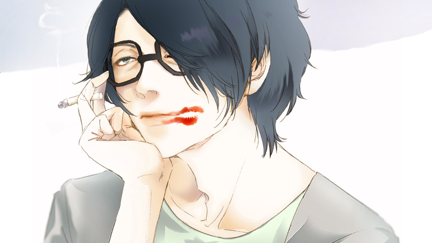 1boy, alpaca_tarou, black_hair, cigarette, glasses, highres, lipstick_mark, saikawa_souhei