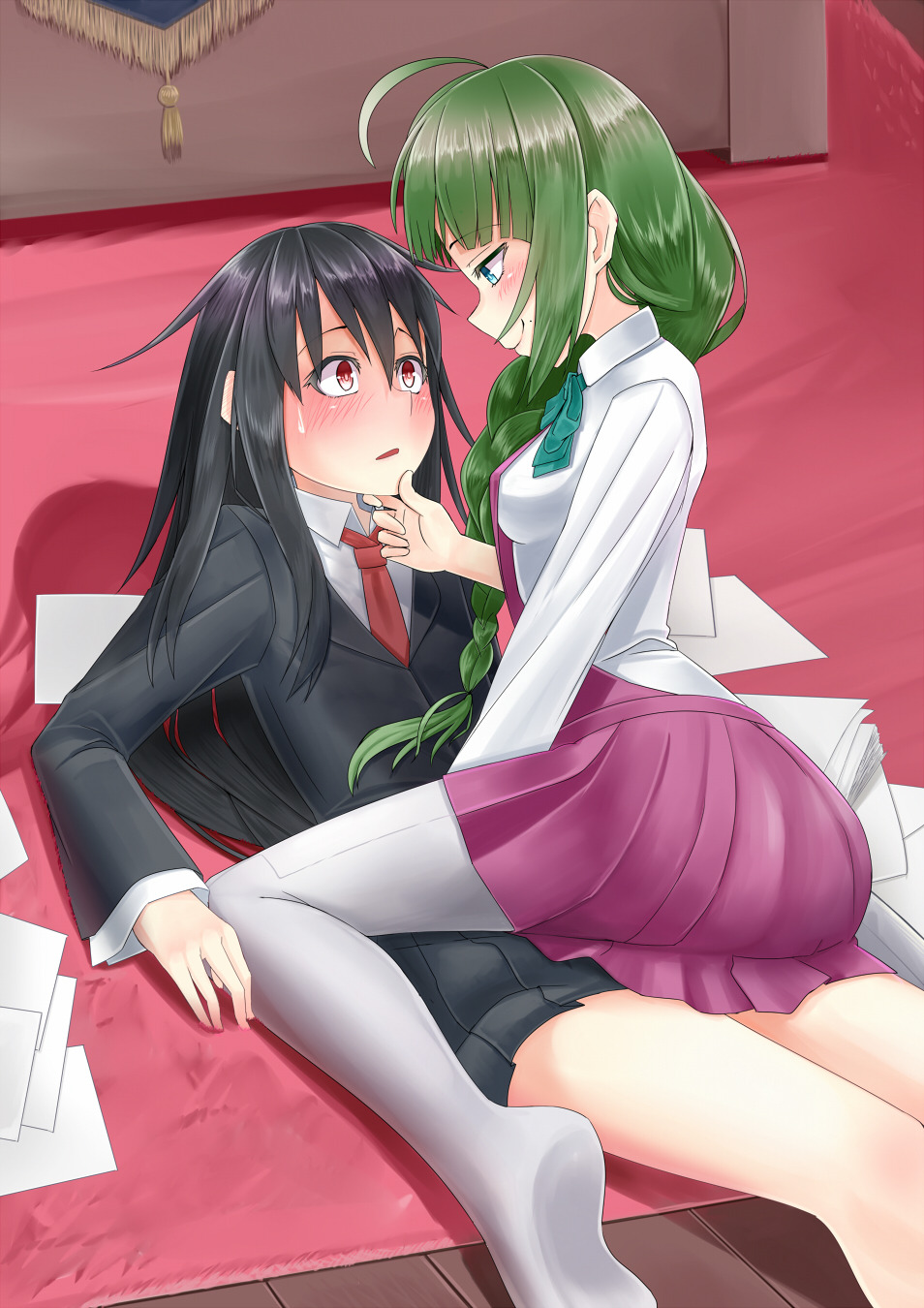 2girls, black_hair, blush, braid, carpet, commentary_request, green_hair, hand_on_another's_chin