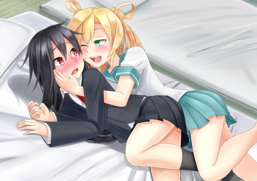 2girls, abukuma_(kantai_collection), black_hair, blonde_hair, blush, commentary_request, futon, green_eyes