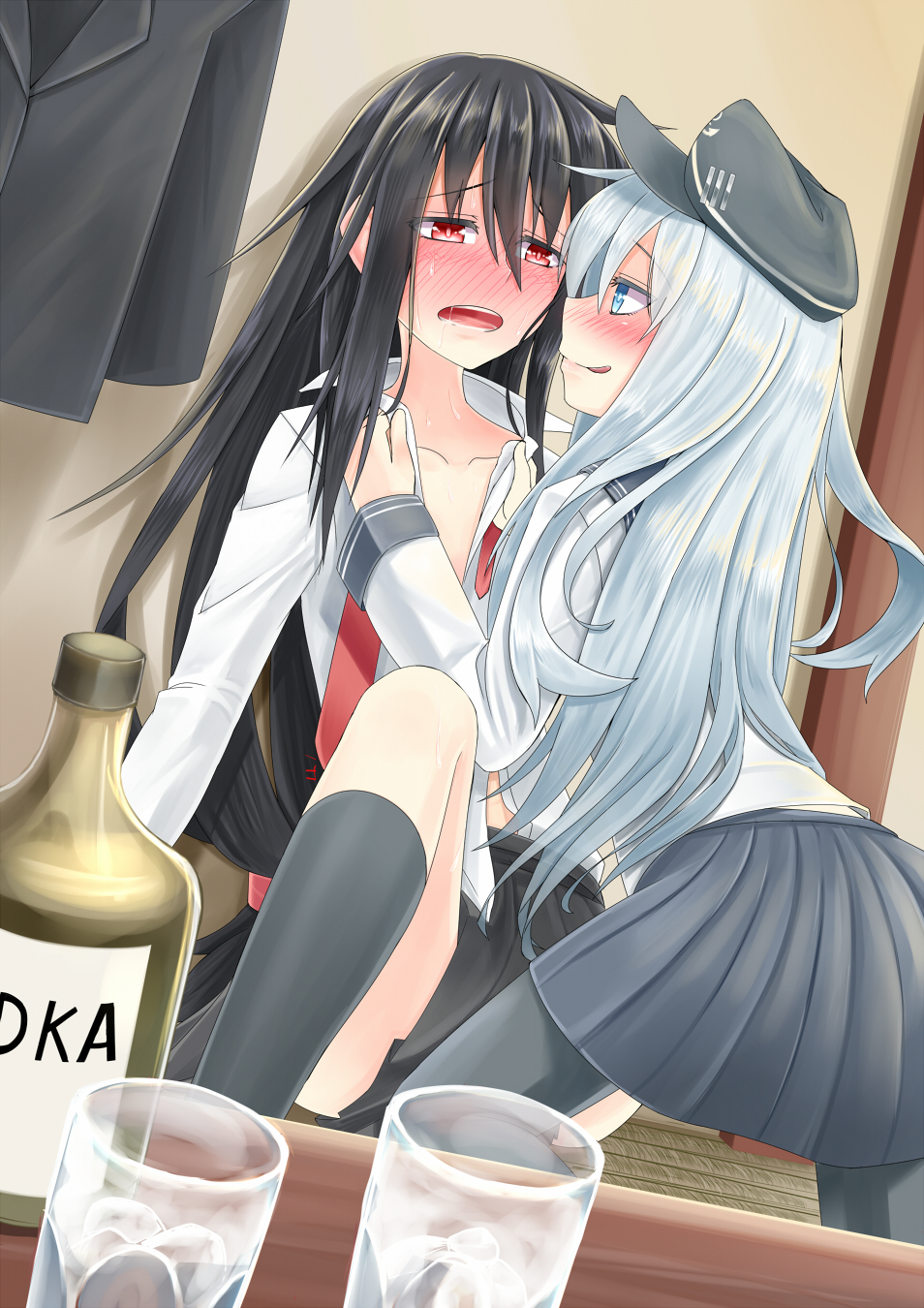 2girls, black_hair, blue_eyes, blush, commentary_request, glass, hat, hatsushimo_(kantai_collection)