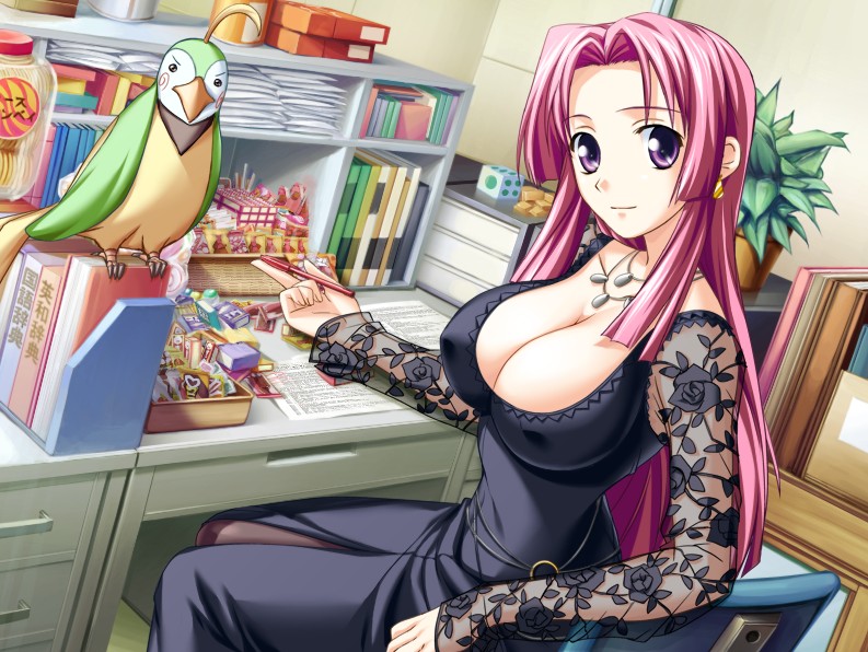 1girl, bird, breasts, cleavage, female, game_cg, huge_breasts, long_hair, ooeyama_inori, pantyhose, redhead, sensei, solo, teacher, tsuyokiss