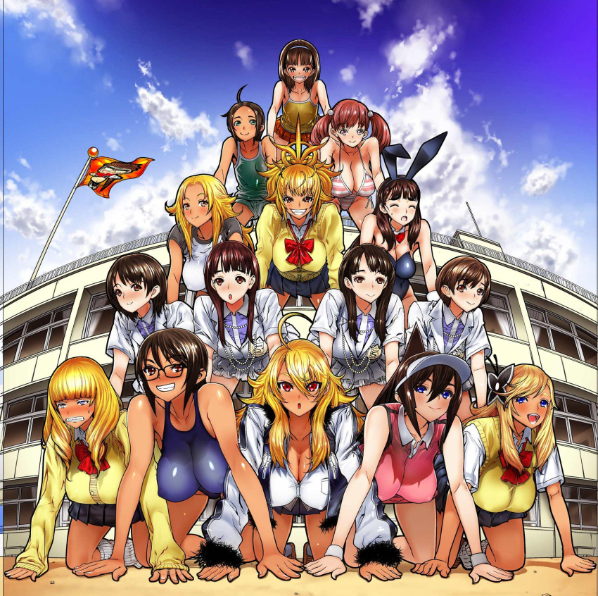 6+girls, :d, animal_ears, bikini, blonde_hair, blush, bowtie, brown_hair