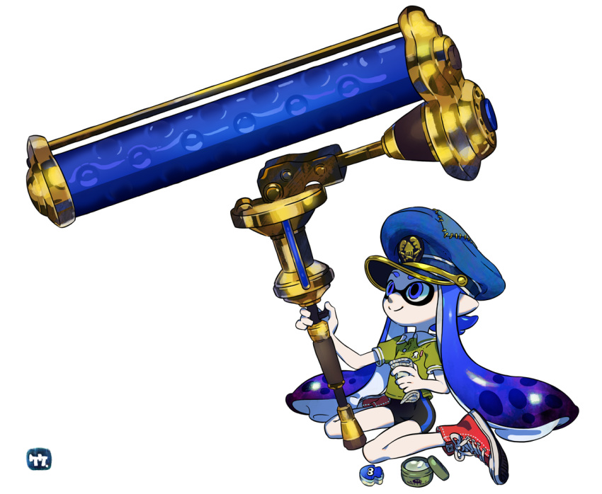 1girl, bike_shorts, blue_eyes, blue_hair, domino_mask, green_shirt, hat, inkling