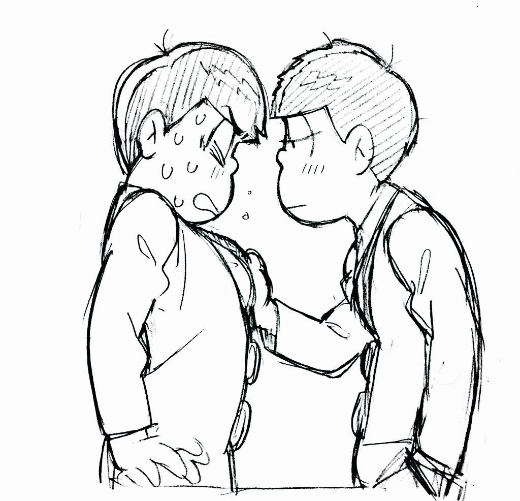 2boys, adjusting_necktie, bnjgm., closed_eyes, formal, graphite_(medium), hand_in_pocket, ichimatsu, jitome, karamatsu, male_focus, messy_hair, monochrome, multiple_boys, open_mouth, osomatsu-kun, osomatsu-san, simple_background, sketch, suit, sweat, traditional_media, white_background