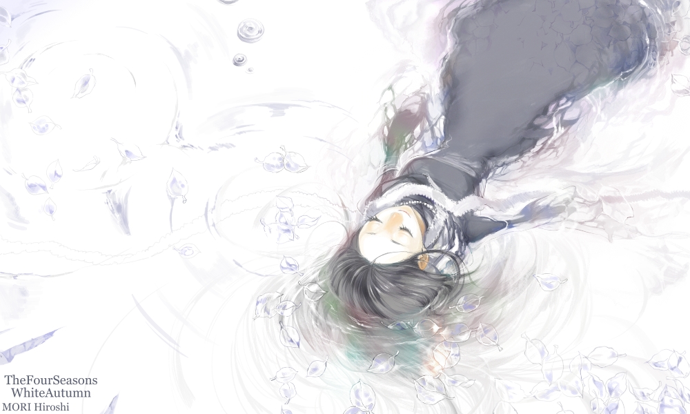 1girl, black_hair, closed_eyes, kimihiyo, leaf, long_hair, lying, magata_shiki