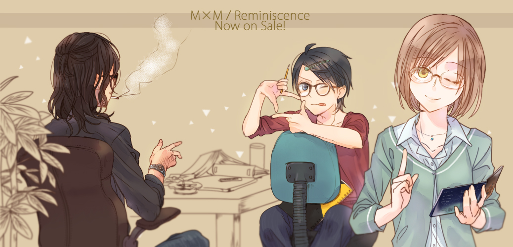 1girl, amattle, black_hair, blue_eyes, brown_hair, cigarette, facial_hair, glasses, hair_ornament, hairclip, long_hair, manabe_shunichi, ogawa_reiko, one_eye_closed, short_hair, smoking, stubble, sugita_yasuo, x_series, yellow_eyes
