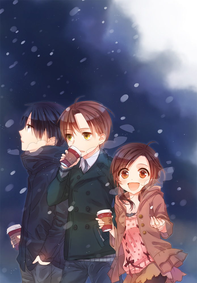 1girl, 2boys, amattle, black_hair, brown_hair, coat, kabeya_megumi, kurage_kyuusuke