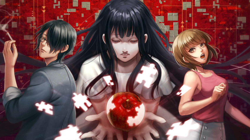 1boy, 2girls, apple, black_eyes, black_hair, brown_eyes, brown_hair, cigarette