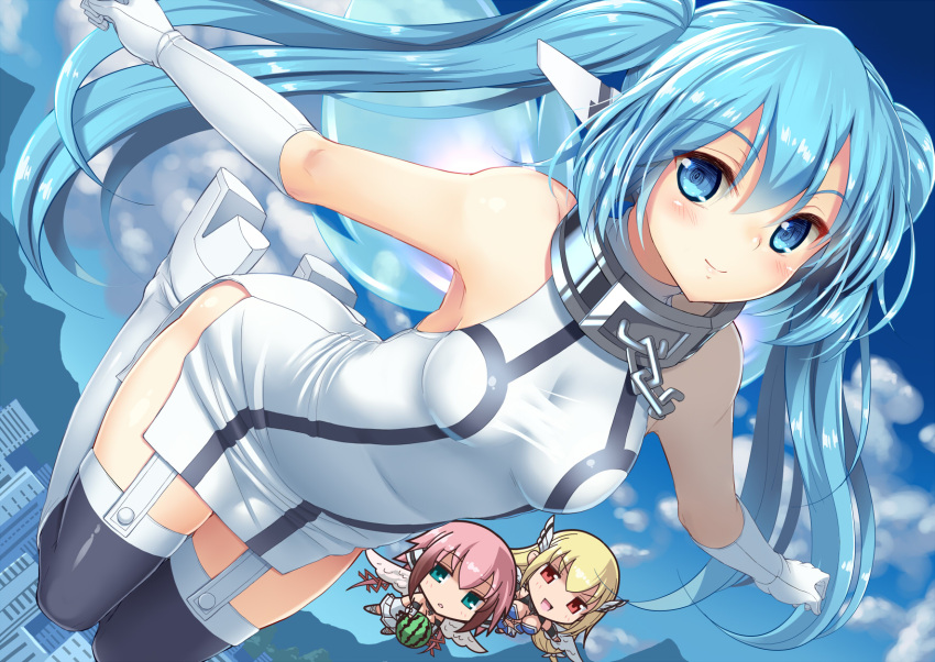 3girls, :d, akidenmania, android, angel_wings, astraea, black_legwear, blonde_hair
