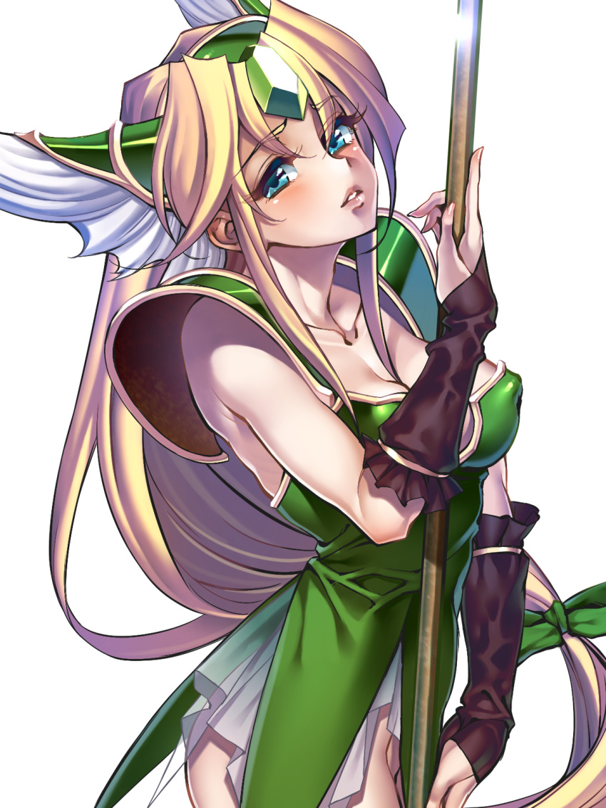 blonde_hair, blue_eyes, collarbone, covered_nipples, detached_sleeves, highres, okita_baba, polearm