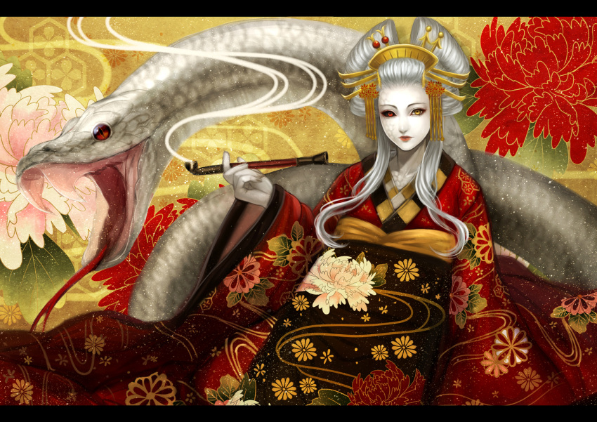 1girl, flower, furisode, heterochromia, japanese_clothes, kimono, kiseru, letterboxed