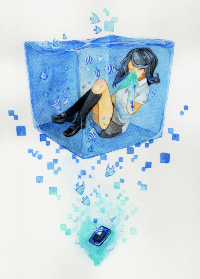black_hair, blue_hair, bubble, cellphone, closed_eyes, cube, fish, glowing