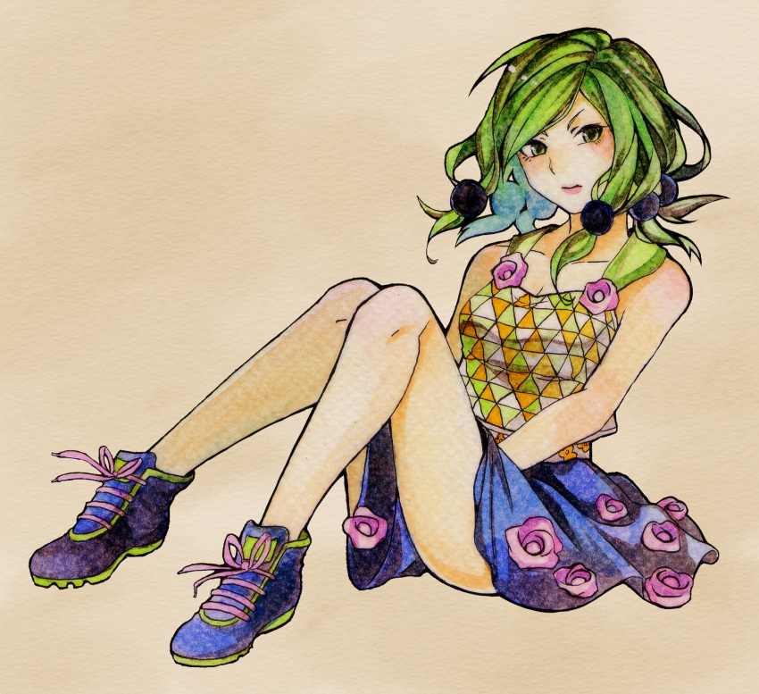 1girl, colored_pencil_(medium), flower, full_body, green_eyes, green_hair, hair_bobbles, hair_ornament