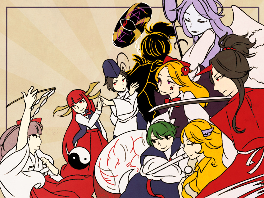 1boy, 6+girls, angel_wings, black_hair, blonde_hair, blue_hair, elis_(touhou), gohei