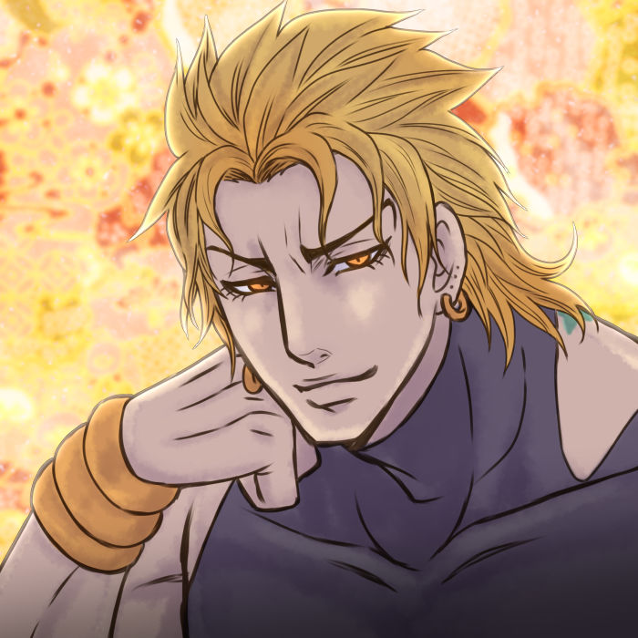 1boy, birthmark, blonde_hair, chin_rest, collarbone, dio_brando, earrings, jewelry