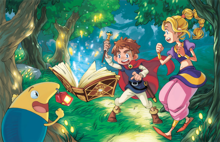 1boy, 1girl, artist_name, baggy_pants, blonde_hair, blue_eyes, book, braid, brown_hair, cape, christina_gardner, clenched_hands, forest, grass, lantern, magic, maru_(ni_no_kuni), midriff, nature, ni_no_kuni, oliver_(ni_no_kuni), pants, round_teeth, sheath, shizuku_(no_no_kuni), signature, single_braid, teeth, tree, wand